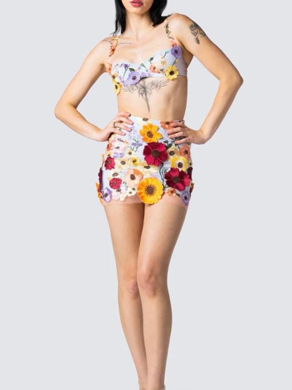 Finesse Floral Appliqué Lingerie Set in Light Blue, Yellow, Purple, Orange
